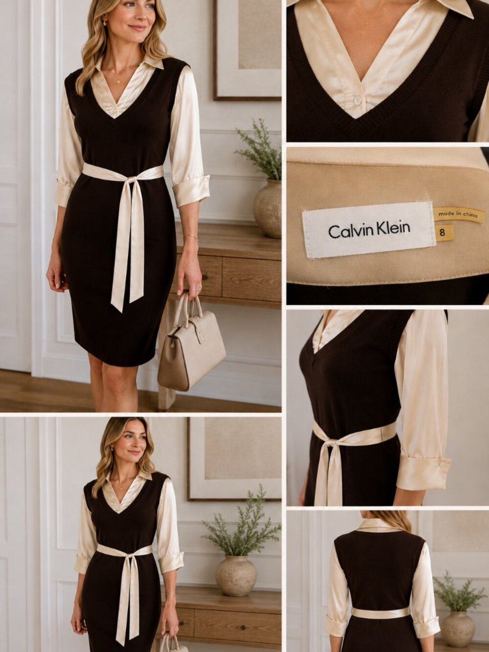 Calvin Klein Size 8 Brown Ivory Layered Look Sweater Dress with Satin Belt